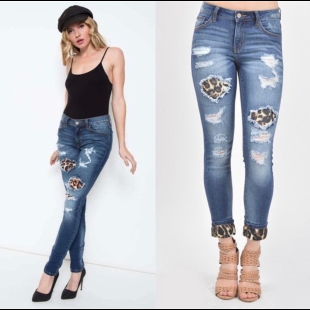 🐆KanCan Leopard patchy distressed jeans